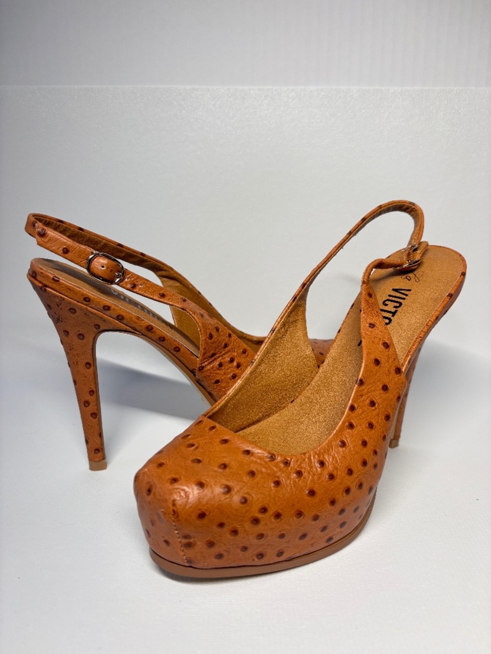 La Victoire Ostrich Embossed Leather Platform Slingback Heels Brown Size 6